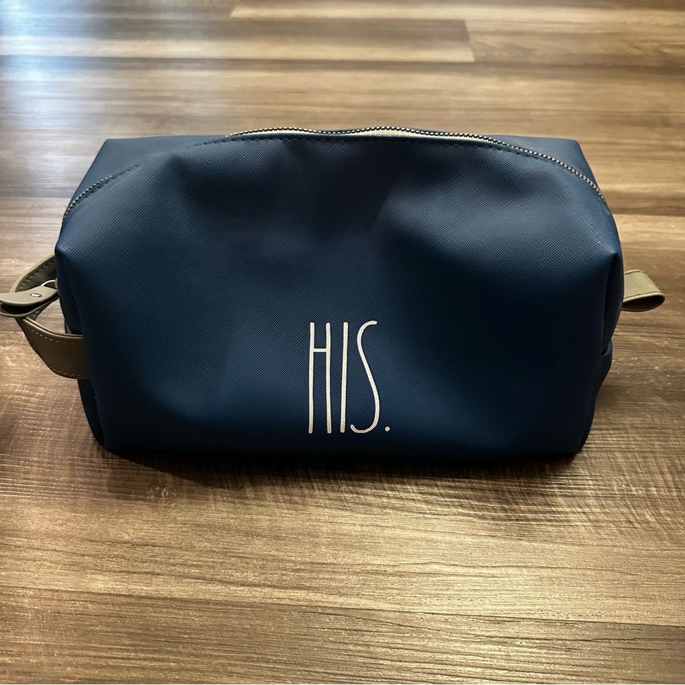 RAE DUNN "His" Toiletry Bag with 2nd Zipper Pocket navy blue